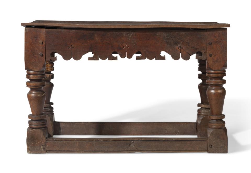 Lot 252: An English oak altar table. Estimate: $7,000 - 10,000.