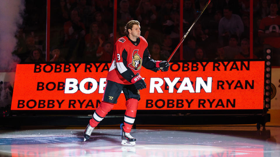 OTTAWA, ON - OCTOBER 5:  Bobby Ryan #9 of the Ottawa Senators steps onto the ice during player introductions prior to their home opener against the New York Rangers at Canadian Tire Centre on October 5, 2019 in Ottawa, Ontario, Canada.  (Photo by Jana Chytilova/Freestyle Photography/Getty Images)