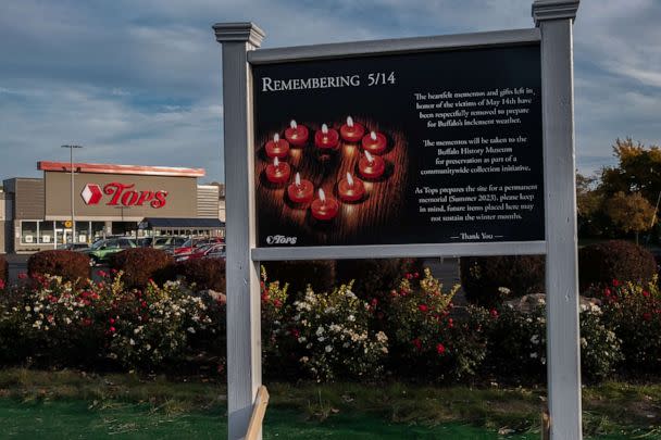 PHOTO: A sign commemorating the victims of a mass shooting at the Tops market on May 14, 2022 stands outside the store, Oct. 23, 2022, in Buffalo. (Malik Rainey/ABC News)