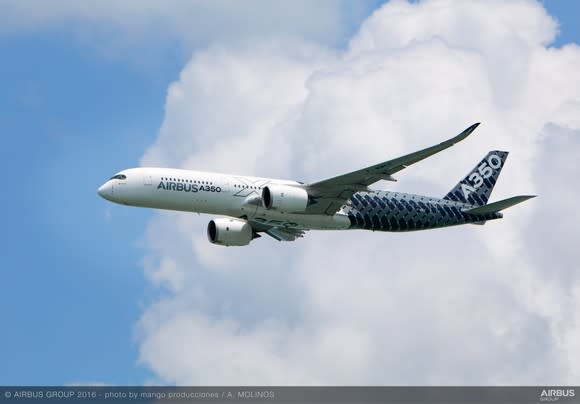 An Airbus A350 jet flying in front of a cloud