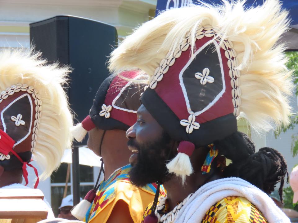 Members of the Akwaaba Ensemble perform during Portsmouth's Juneteenth celebration at the African Burying Ground Wednesday, June 19, 2024.