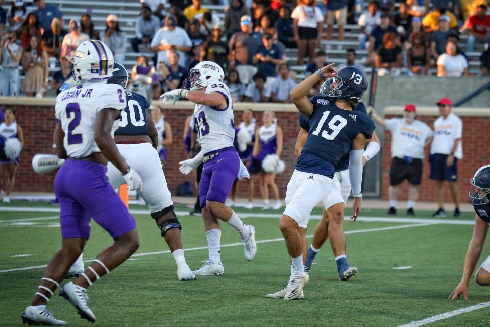 Alex Raynor adds an extra point after a touchdown. He contributed three second-half field goals as Georgia Southern beat No. 25 James Madison 45-38 on Oct. 15, 2022, at Paulson Stadium.