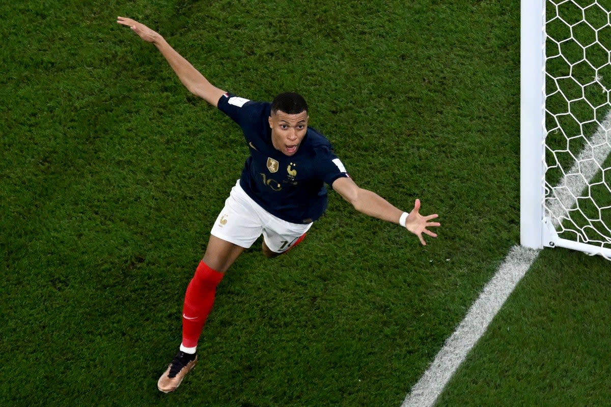 Kylian Mbappe celebrates scoring France’s winning goal against Denmark (AFP via Getty Images)