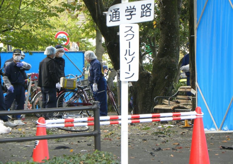 Police investigate the sites of two explosions that happened about 200 metres apart in a park in Utsunomiya, Japan