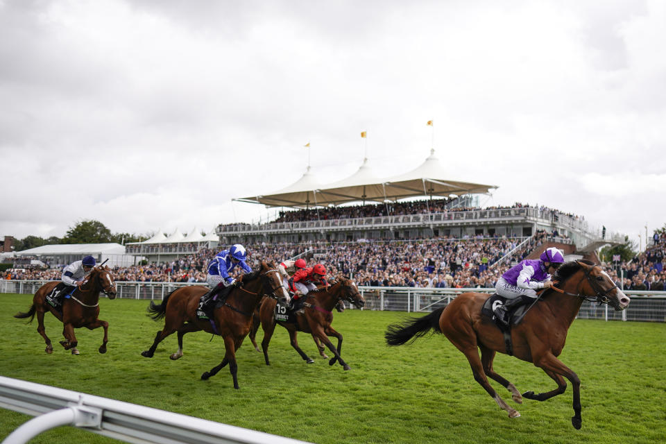 <p>CHICHESTER, ENGLAND - JULY 30: Pat Dobbs riding Calling The Wind win The Unibet 3 Boosts A Day Goodwood Handicap during the Qatar Goodwood Festival at Goodwood Racecourse on July 30, 2021 in Chichester, England. (Photo by Alan Crowhurst/Getty Images)</p>
