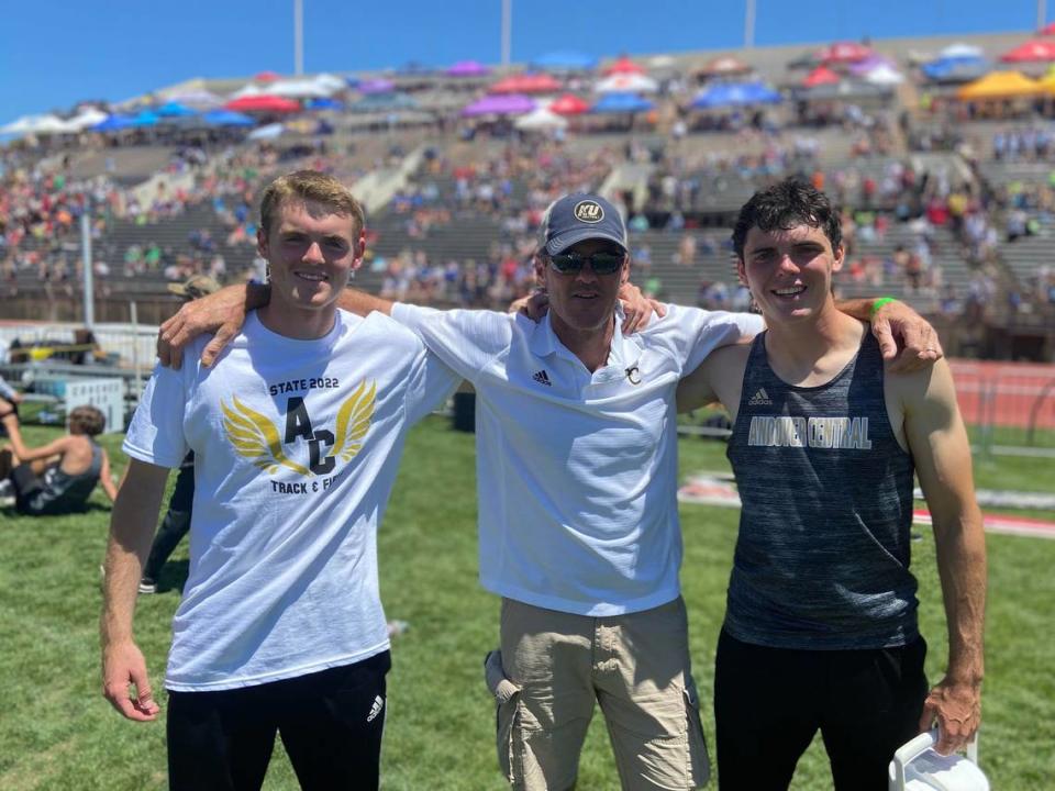 Bryce Barkdull (left), Ryan Barkdull (middle) and Ashton Barkdull (right) put on a show at the Kansas high school state track and field meet in the pole vault on Friday. Ashton broke the state meet record, while Bryce finished runner-up.