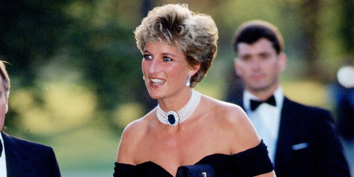 london   june 29  file photo lord palumbo greets princess diana, wearing a short black cocktail dress designed by christina stambolian, as she atttends a gala at the serpentine gallery in hyde park on june 29, 1994 in london, england photo by tim graham photo library via getty images