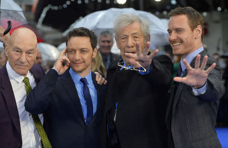 British actors Patrick Stewart (L-R), James McAvoy, Ian McKellen and Irish-German actor Michael Fassbender arrive for the British premiere of 'X-Men: Days of Future Past' at Leicester Square in London May 12, 2014. REUTERS/Toby Melville