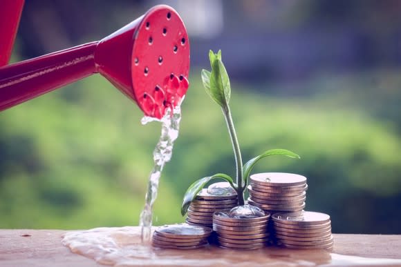 Water being poured onto stacks of coins, with plant sprouting from the center.