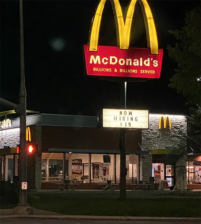 A now-hiring sign at Moab's only McDonald's restaurant in September 2021, weeks after the murders of newlyweds Kylen Schulte and Crystal Turner.