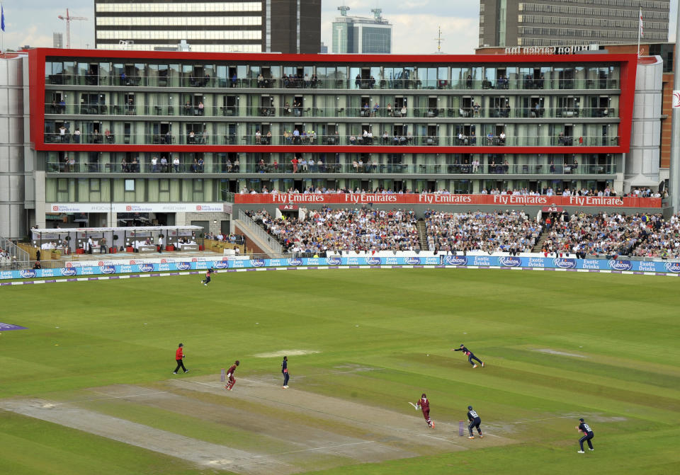 FILE - In this Tuesday, Sept. 19, 2017 file photo, shows a general view of play during the first Royal London One Day International match between England and West Indies at Emirates Old Trafford in Manchester, England. The 2019 Cricket Wold Cup starts in England on May 31, Old Trafford is on of the venues for the competition. (AP Photo/Rui Vieira, File)