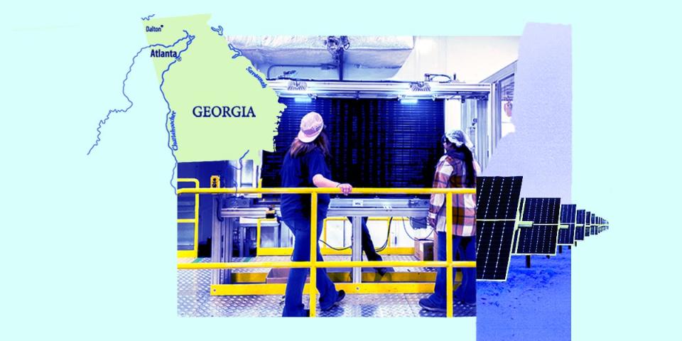 Photo collage featuring  map of Georgia with Atlanta and Dalton marked, a photo of the Qcells Dalton Factory, and a row of solar panels