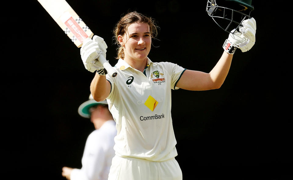 Annabel Sutherland, pictured here after bringing up her double century against South Africa.