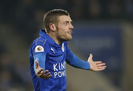 Britain Soccer Football - Leicester City v Manchester United - Premier League - King Power Stadium - 5/2/17 Leicester City's Jamie Vardy reacts Action Images via Reuters / Carl Recine Livepic