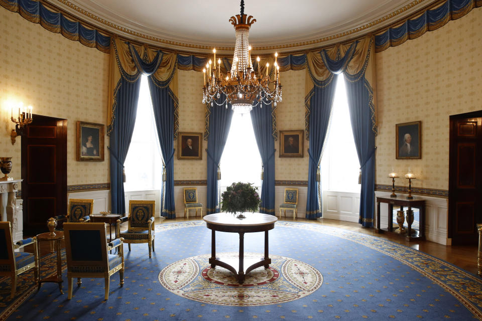 FILE - Restored furniture in the Blue Room of the White House in Washington. Is seen on Sept. 17, 2019. A White House tour is practically a must-do in Washington, though the experience can leave some guests asking questions about spaces they don’t get to see, like the Oval Office. The White House Historical Association has a plan to answer those questions when it opens “The People’s House: A White House Experience,” in the fall of 2024. (AP Photo/Patrick Semansky, File)