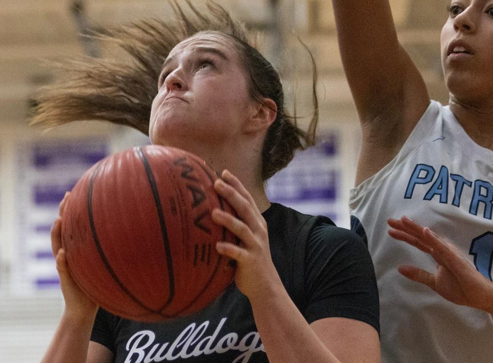 Rumson Erin Reid looks for an opening to shoot. Rumson-Fair Haven Girls basketball defeats Freehold Township in Rumson NJ on February 6, 2024.