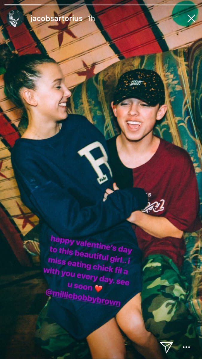 Jacob Sartorius’s social media valentine to Millie Bobby Brown. (Photo: Instagram Stories.)