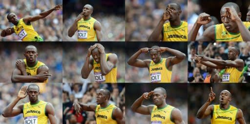 A combination of pictures taken in August 2012 show Jamaica's Usain Bolt as he gestures before competing at the athletics events during London Olympic Games