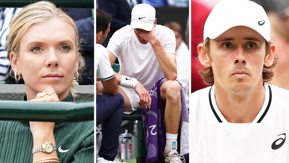 Jannik Sinner (pictured middle) was knocked out in five-sets at Wimbledon after falling ill, while British tennis star Katie Boulter (pictured left) has called for the British to support her partner Alex de Minaur (pictured right). (Getty Images)