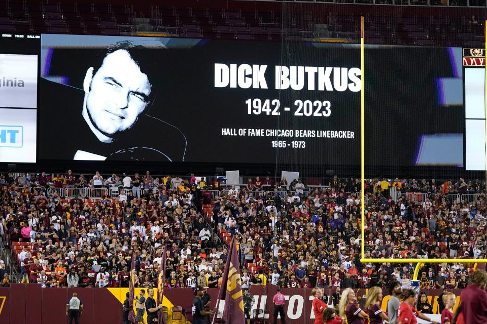A moment of silence was held at FedEx Field for Dick Butkus before the "Thursday Night Football" game between the Washington Commanders and Chicago Bears.