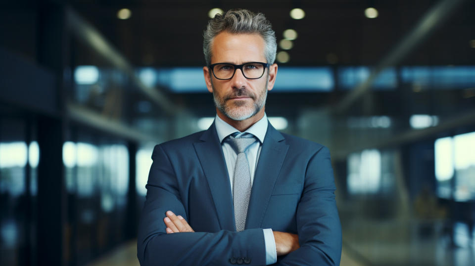 A head-shot of a business executive standing in a modern office of a regional bank.