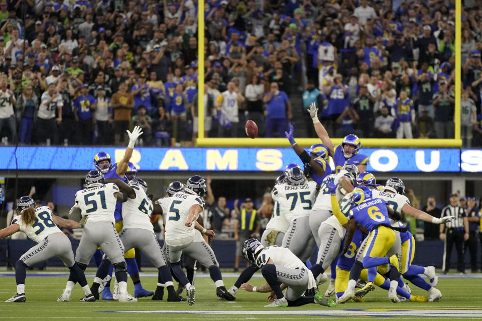 Seattle Seahawks place kicker Jason Myers (5) attempts a field goal to win the game during the second half of an NFL football game against the Los Angeles Rams Sunday, Nov. 19, 2023, in Inglewood, Calif. Myers missed the field goal and the Rams defeated the Seattle Seahawks. (AP Photo/Mark J. Terrill)