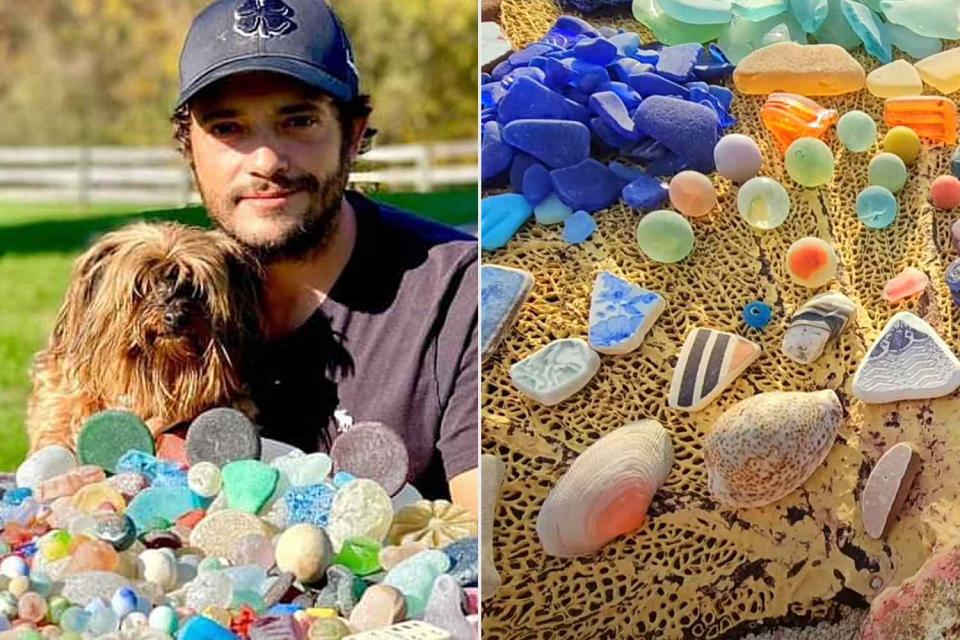 <p>The Bored Pirate/Youtube</p> Kyle Davis with his late dog, Little Coconut, and their sea glass finds