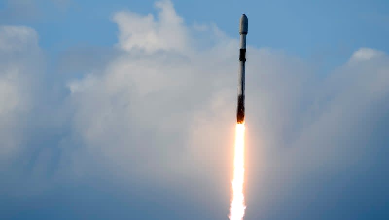 A SpaceX Falcon 9 rocket, carrying a Turksat 6A communications satellite, lifts off at the Cape Canaveral Space Force Station in Cape Canaveral, Fla., Monday, July 8, 2024. Elon Musk recently said he will move the headquarters of X, formerly known as Twitter, and SpaceX from California to Texas.