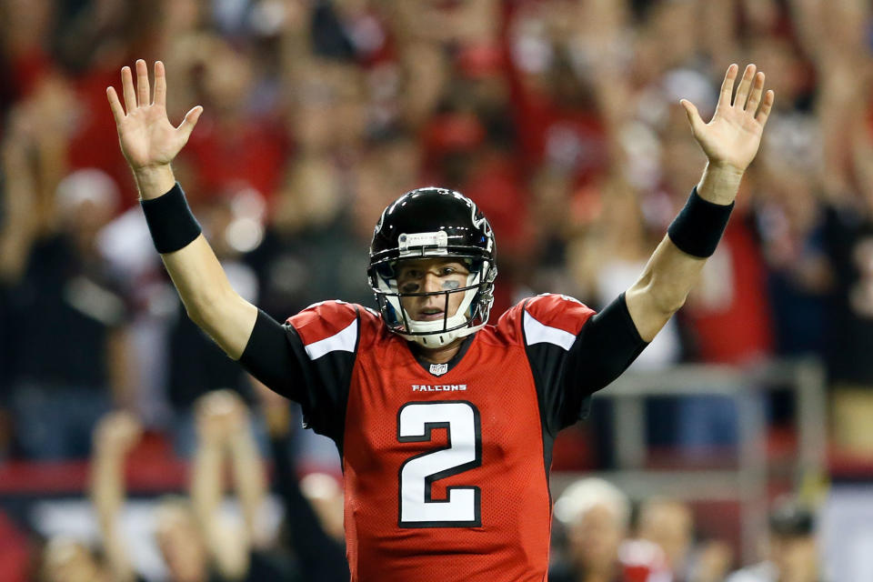 ATLANTA, GA - SEPTEMBER 17: Quarterback Matt Ryan #2 of the Atlanta Falcons celebrates after a play in the first quarter against the Denver Broncos during their game at the Georgia Dome on September 17, 2012 in Atlanta, Georgia. (Photo by Kevin C. Cox/Getty Images)