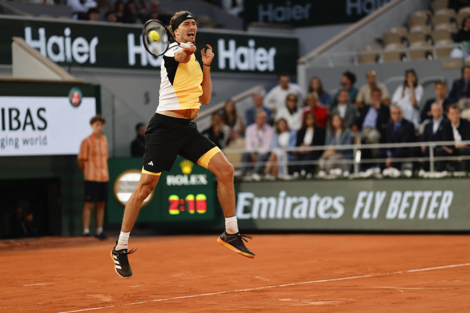 Germany's Alexander Zverev plays a shot against Norway's Casper Ruud during their semifinal match of the French Open tennis tournament at the Roland Garros stadium in Paris, Friday, June 7, 2024. (AP Photo/Jean-Francois Badias)