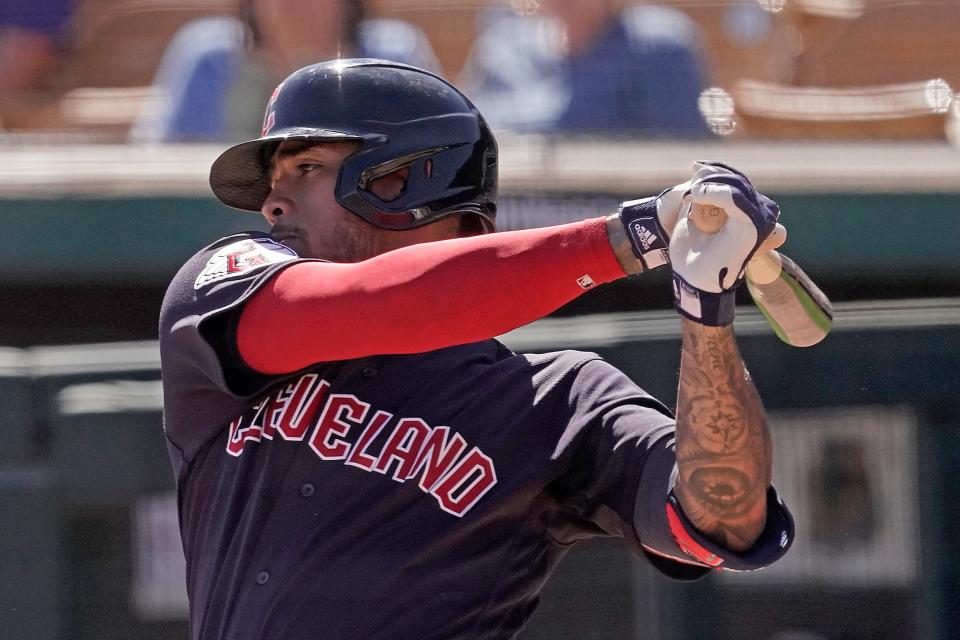 Gabriel Arias bats for the Guardians during the third inning of a spring training game against the Dodgers, March 23, 2022, in Glendale, Ariz.