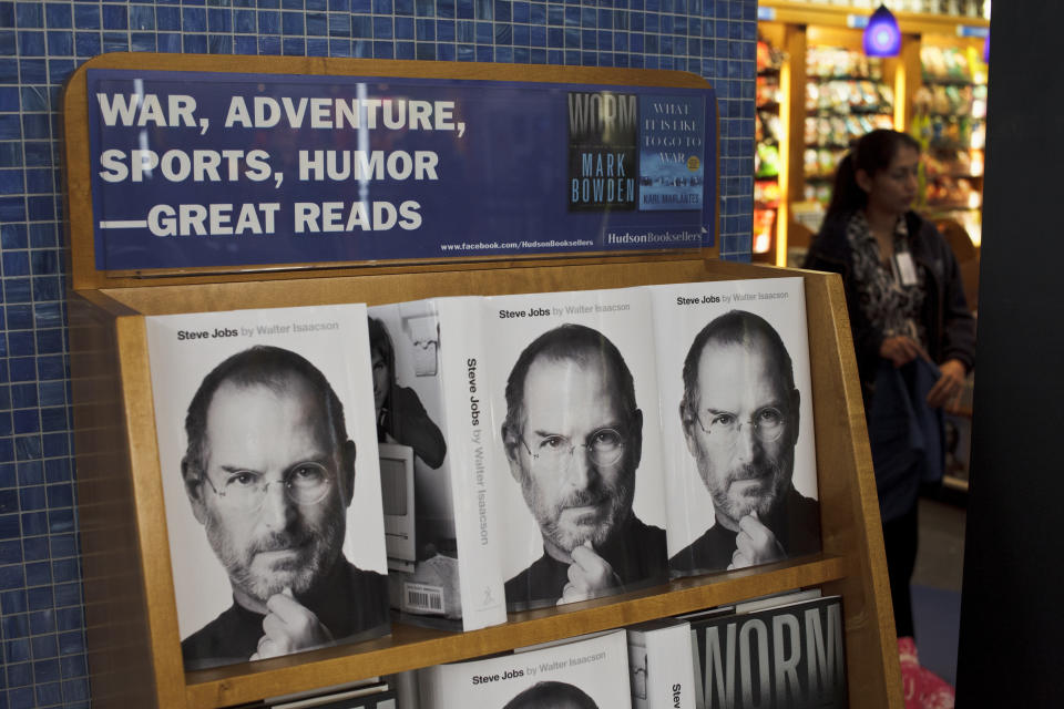 Steve Jobs biography by Walter Isaacson goes on sale at bookstores nationwide. It is seen here at a Hudson News stand at Newark International Airport. (Photo by James Leynse/Corbis via Getty Images)