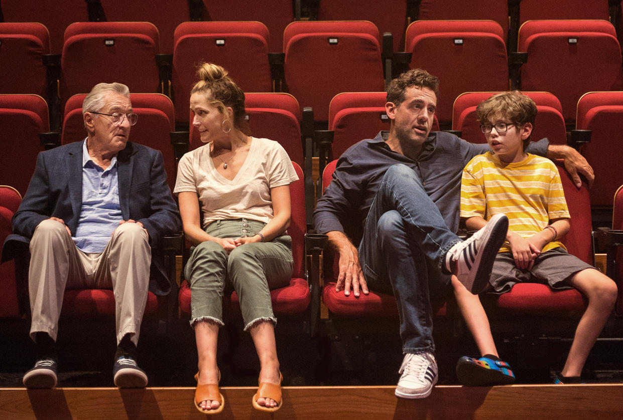 Robert De Niro, Rose Byrne, Bobby Cannavale and newcomer William A. Fitzgerald sit in a movie theater in the movie Ezra.