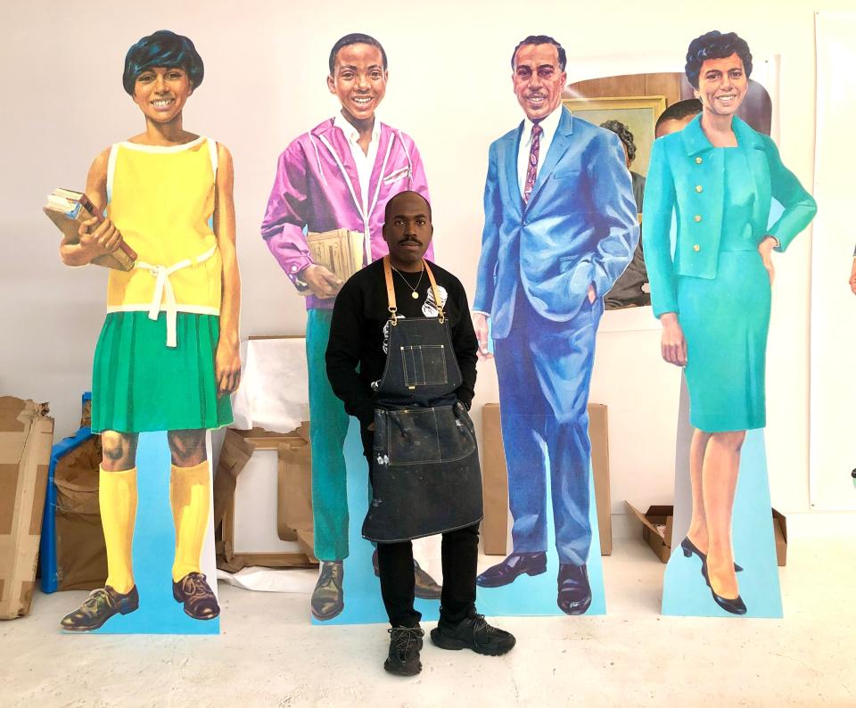 Artist Derrick Adams stands in his Brooklyn studio. He created an enormous new mural for the Milwaukee Art Museum.