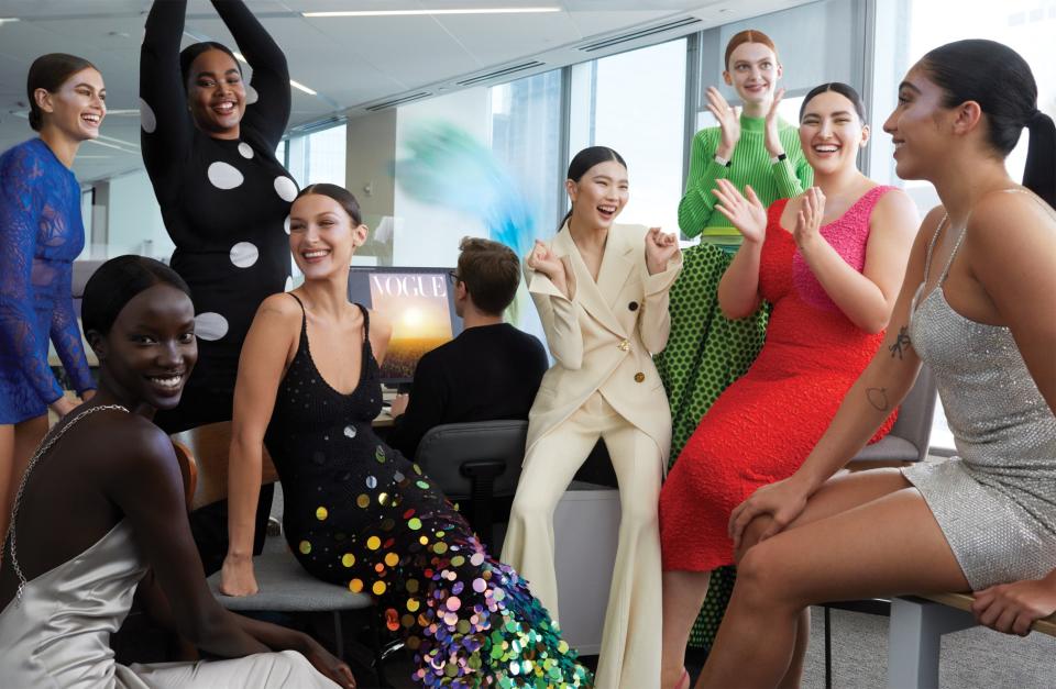 From left to right: Vogue’s September 2021 cover stars Kaia Gerber in Tom Ford, Anok Yai in Ralph Lauren Collection, Precious Lee in Carolina Herrera, Bella Hadid in Christopher John Rogers, Sherry Shi in Proenza Schouler, Ariel Nicholson in Christopher John Rogers, Yumi Nu in Mara Hoffman, and Lola Leon in Michael Kors Collection.