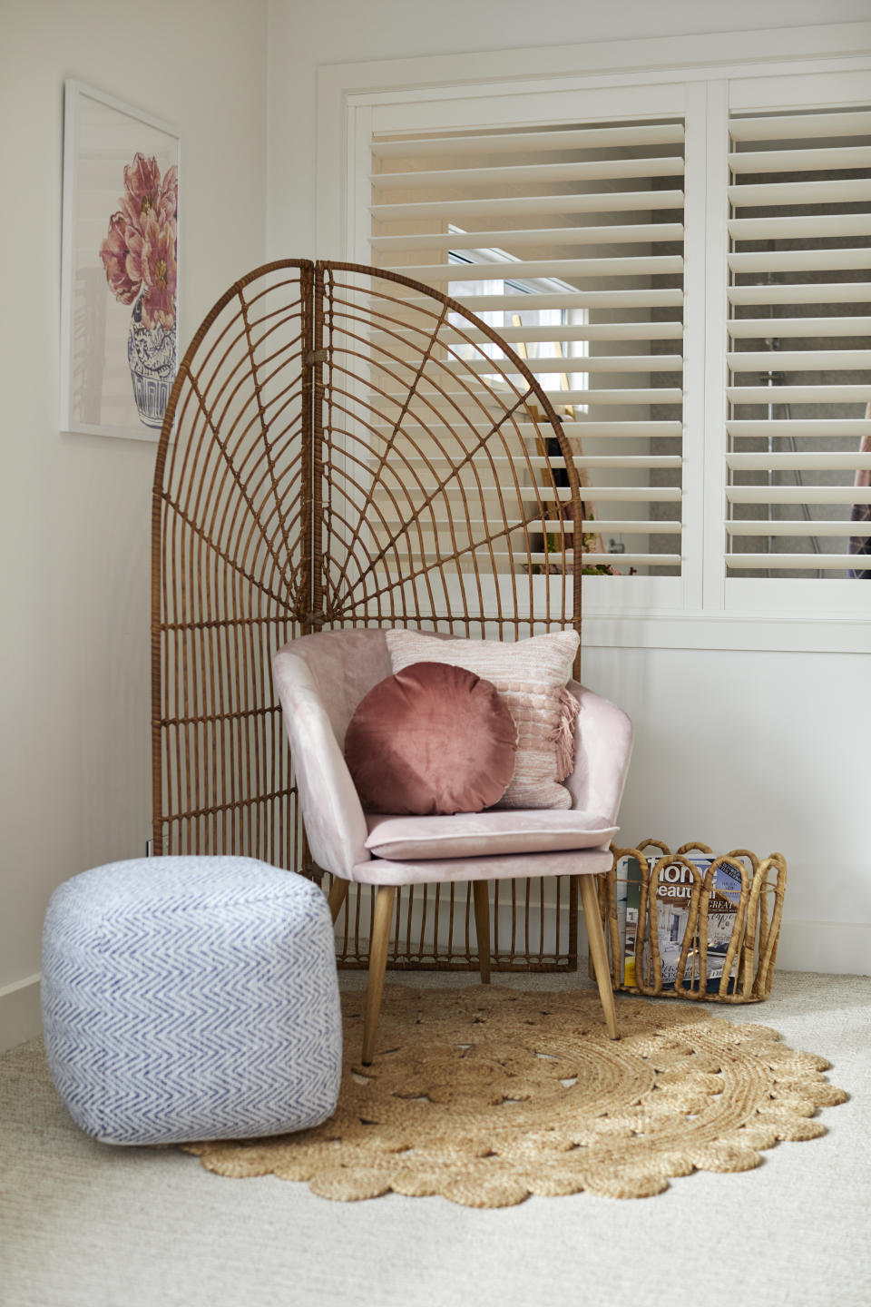 Kmart August Living Pink velvet chair $69, Room screen $69, Woven ottoman $29. 