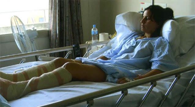 Donna Zavaglia spent two weeks in ICU after contracting a flesh-eating bug that stripped her calves. Picture: Supplied