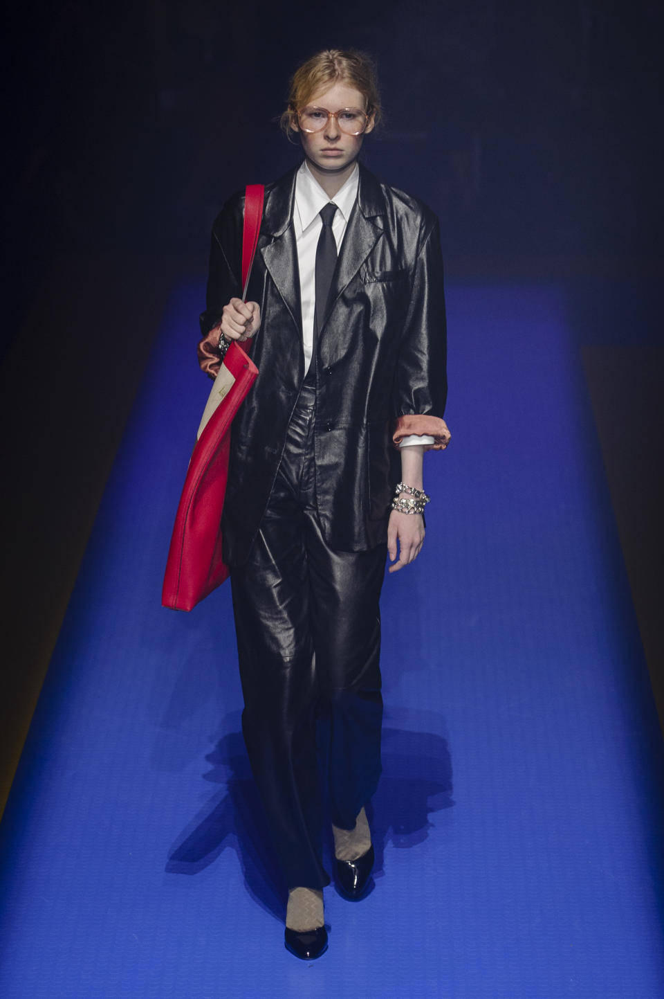 <p><i>A black leather suit was from the SS18 Gucci collection. (Photo: ImaxTree) </i></p>