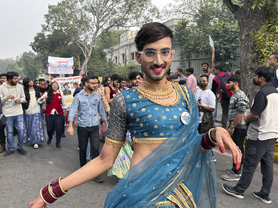 A participant of the Delhi Queer Pride Parade poses for a photograph during the march in New Delhi, India, Sunday, Nov. 26, 2023. This annual event comes as India's top court refused to legalize same-sex marriages in an October ruling that disappointed campaigners for LGBTQ+ rights in the world's most populous country. (AP Photo/Shonal Ganguly)