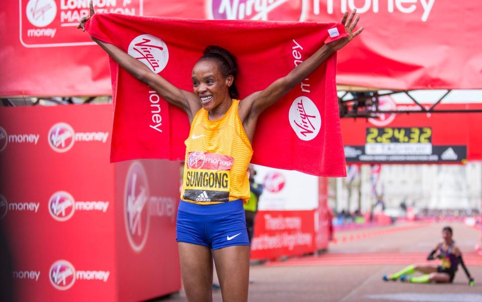 The WINNER OF THE WOMANS ELITE RACE SUMSONG PASSES THE FINISH LINE in the London Marathon ON April 24, 2016 in London, England - Credit: Warren Allott/Telegraph