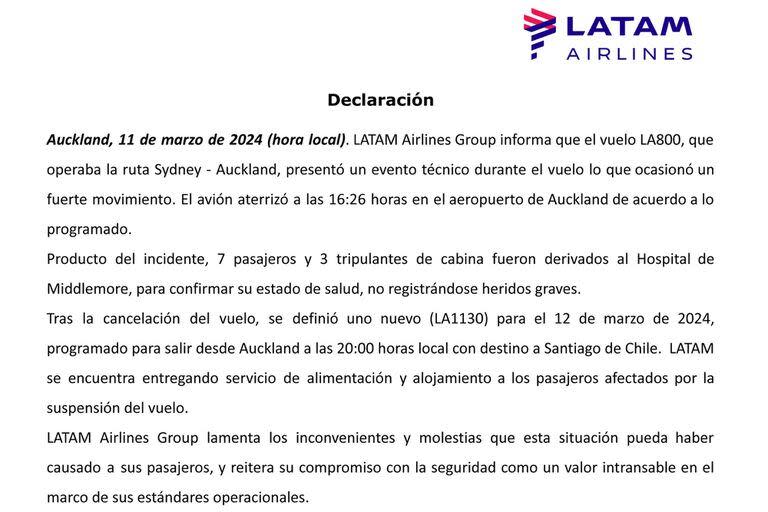 El comunicado de Latam Airlines