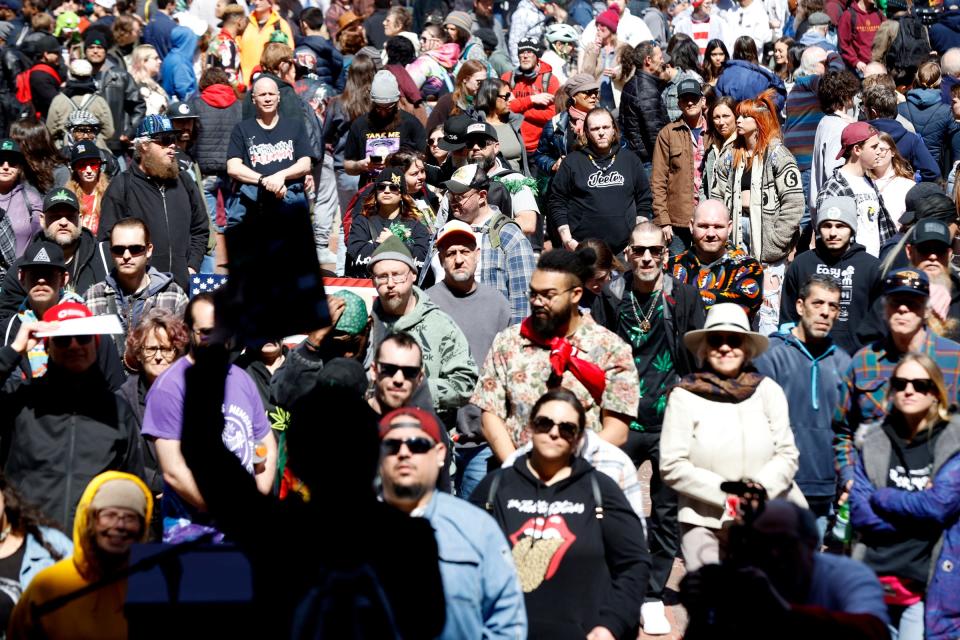 Crowds gather to hear speakers during the 53rd Ann Arbor Hash Bash at the Diag on the campus of the University of Michigan on Saturday, April 6, 2024.