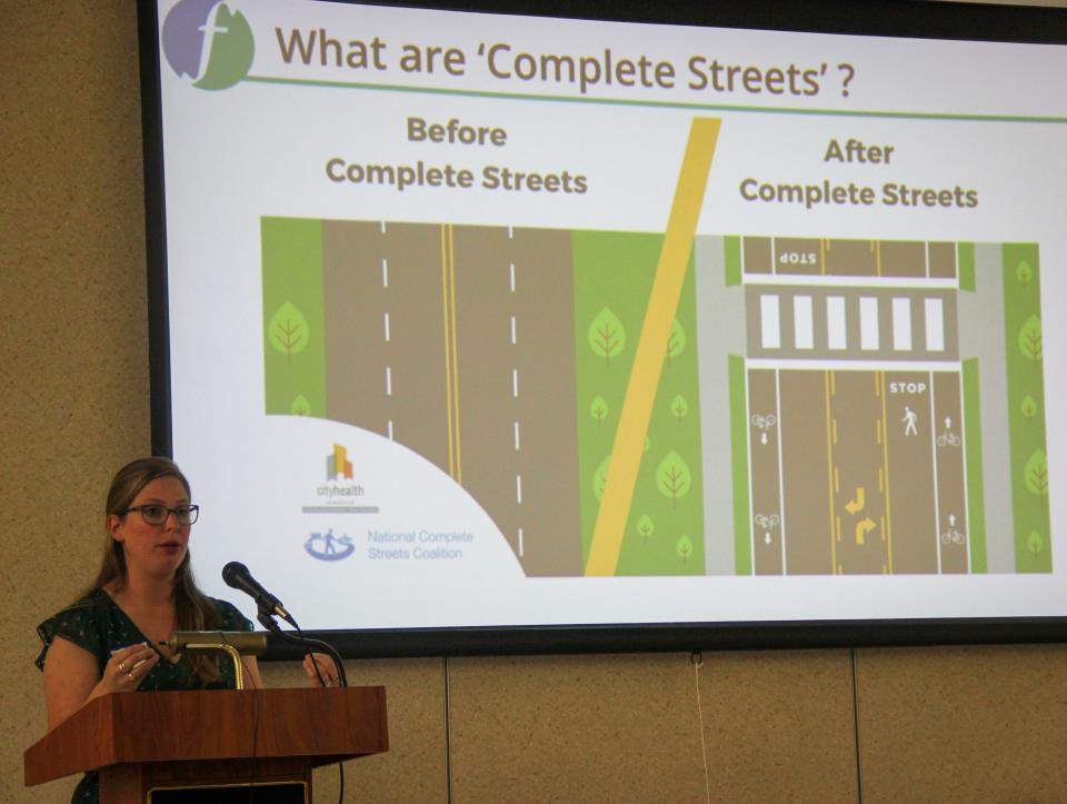Katherine Patch, a senior transportation engineer with Fuss & O'Neill and a lead project designer, talks about MassDOT's Complete Streets program and how it relates to Swansea, during a public meeting about the future of Swansea Mall Drive held on Tuesday, June 6, 2023, at the Swansea Council on Aging.