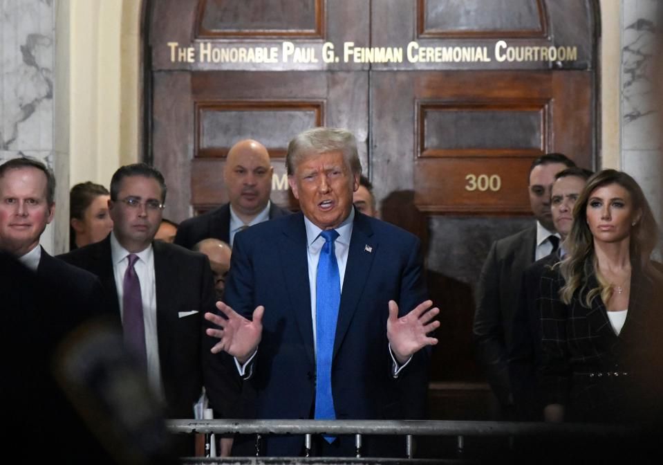 Former President Donald Trump speaks after testifying at his civil business fraud trial in New York Supreme Court on Monday, Nov. 6, 2023 in New York City, N.Y.