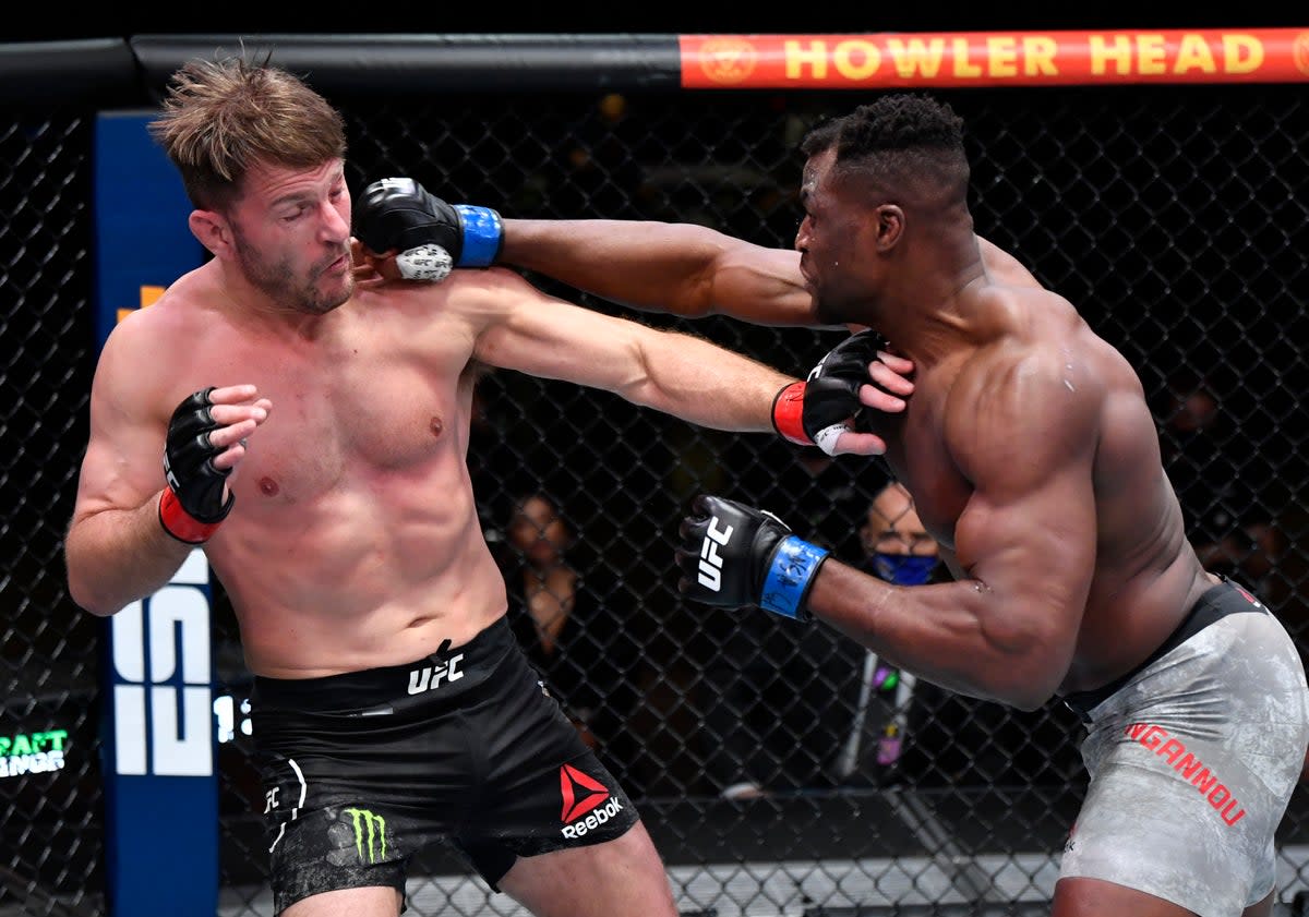 Miocic (left) outpointed Ngannou in 2018 but was knocked out by his rival in 2021 (pictured) (Zuffa LLC via Getty Images)