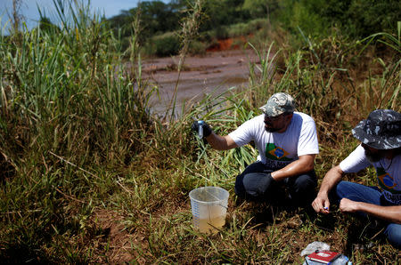 Members of SOS Mata Atlantica Foundation collect samples as they start an expedition on the Paraopeba River to understand the environmental impact of the mudslide after a tailings dam owned by Brazilian mining company Vale SA collapsed, in Brumadinho, Brazil January 31, 2019. REUTERS/Adriano Machado