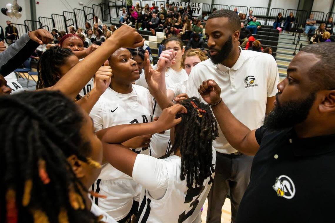 Gray Collegiate Academy War Eagles girls basketball head coach Brandon Wallace directs his team in the first ever girls varsity game at the new Gray Collegiate Academy basketball gymnasium Jan. 13.