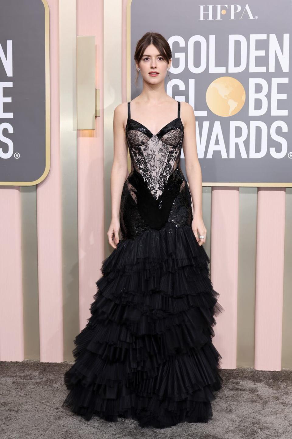 Daisy Edgar-Jones is back in black Gucci at the Golden Globes.