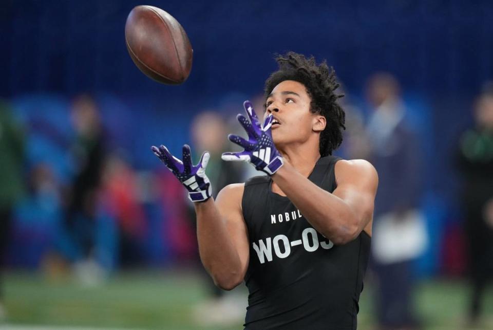 Mar 2, 2024; Indianapolis, IN, USA; Holy Cross wide receiver Jalen Coker (WO03) during the 2024 NFL Combine at Lucas Oil Stadium. Mandatory Credit: Kirby Lee-USA TODAY Sports