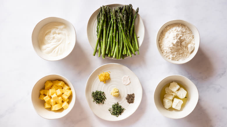ingredients for asparagus galette in bowls